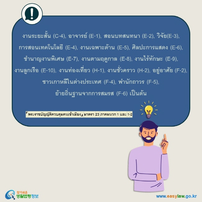 งานระยะสั้น (C-4), อาจารย์ (E-1), สอนบทสนทนา (E-2), วิจัย(E-3), การสอนเทคโนโลยี (E-4), งานเฉพาะด้าน (E-5), ศิลปะการแสดง (E-6), ชำนาญงานพิเศษ (E-7), งานตามฤดูกาล (E-8), งานไร้ทักษะ (E-9), งานลูกเรือ (E-10), งานท่องเที่ยว (H-1), งานชั่วคราว (H-2), อยู่อาศัย (F-2), ชาวเกาหลีในต่างประเทศ (F-4), พำนักถาวร (F-5), ย้ายถิ่นฐานจากการสมรส (F-6) เป็นต้น 「พระราชบัญญัติควบคุมคนเข้าเมือง」 มาตรา 23 ภาคผนวก 1 และ 1-2   